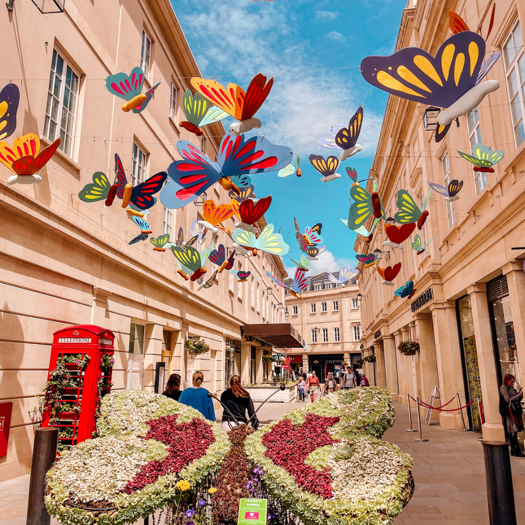 UKTravelPlans's tweet photo. A beautiful summer’s day in Bath 2022 - we walked across the road from the train station and straight onto this beautifully decorated street! I love street art and anything bright and colourful is sure to catch my eye!

Hopefully that butterfly’s will be back this summer! � https://t.co/J6UPoF1Buz