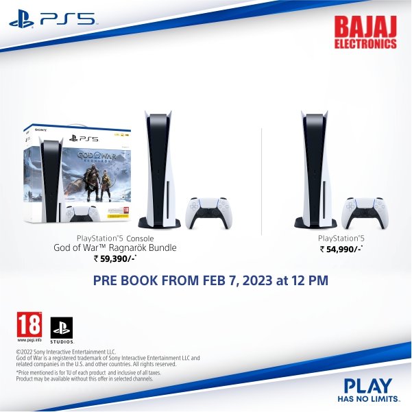 Bajaj Electronics on X: Buy PS5 gaming console God of War Ragnarok Bundle  for ₹59,390* and PlayStation 5 for ₹54,990*. Pre-book at your nearest  #BajajElectronics from Feb 7th onwards! #gaming #playstation #playstation5 #