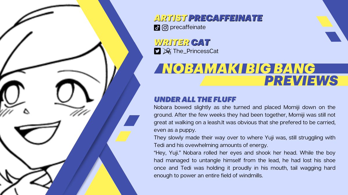 nobamakibb's tweet photo. ✨ NobaMaki Big Bang Previews

Our next previews is from a truly talented writer - @The_PrincessCat and the artist extraordinaire PreCaffeinate (https://t.co/H2Ld0EoQhH)!

Please anticipate their pieces coming soon! https://t.co/JBNKLFsStx