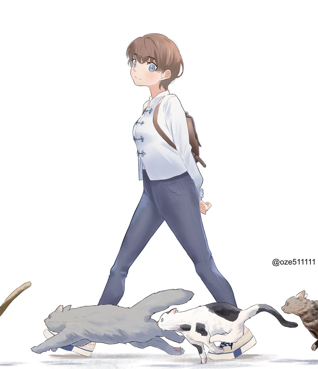 「歩く女性と走る猫 」|尾瀬のイラスト