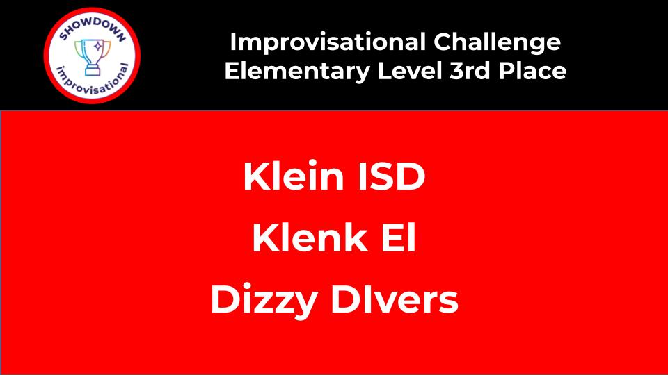GordonKSee's tweet photo. In the #improvisationalchallenge #showdown Elementary Level, 3rd place is @KlenkKISD Dizzy DIvers
@alliehmartin https://t.co/oRCvQKm7sH