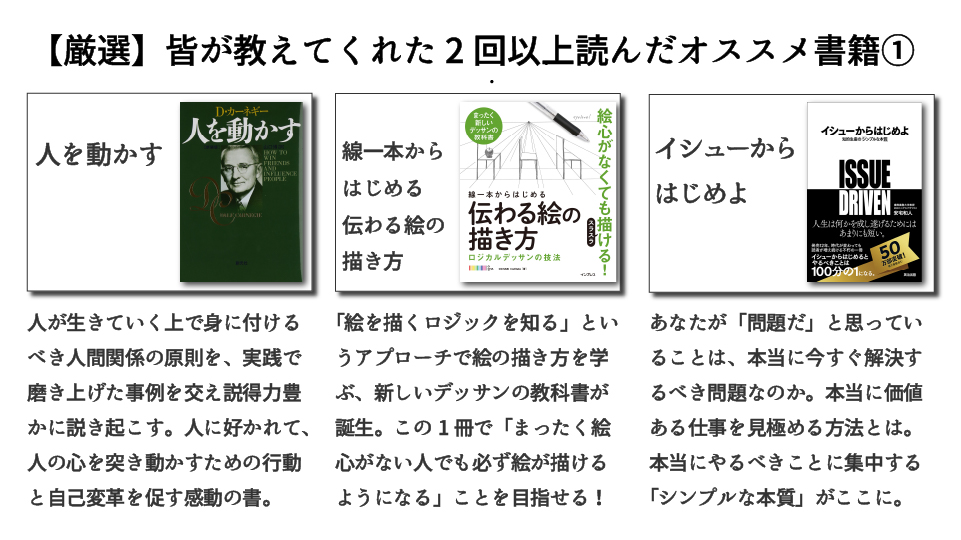 afila_zukai's tweet photo. 【忙しい人向け】「みんなが教えてくれた2回以上読んだオススメ書籍」をまとめました。 https://t.co/K1n08NWP7A
