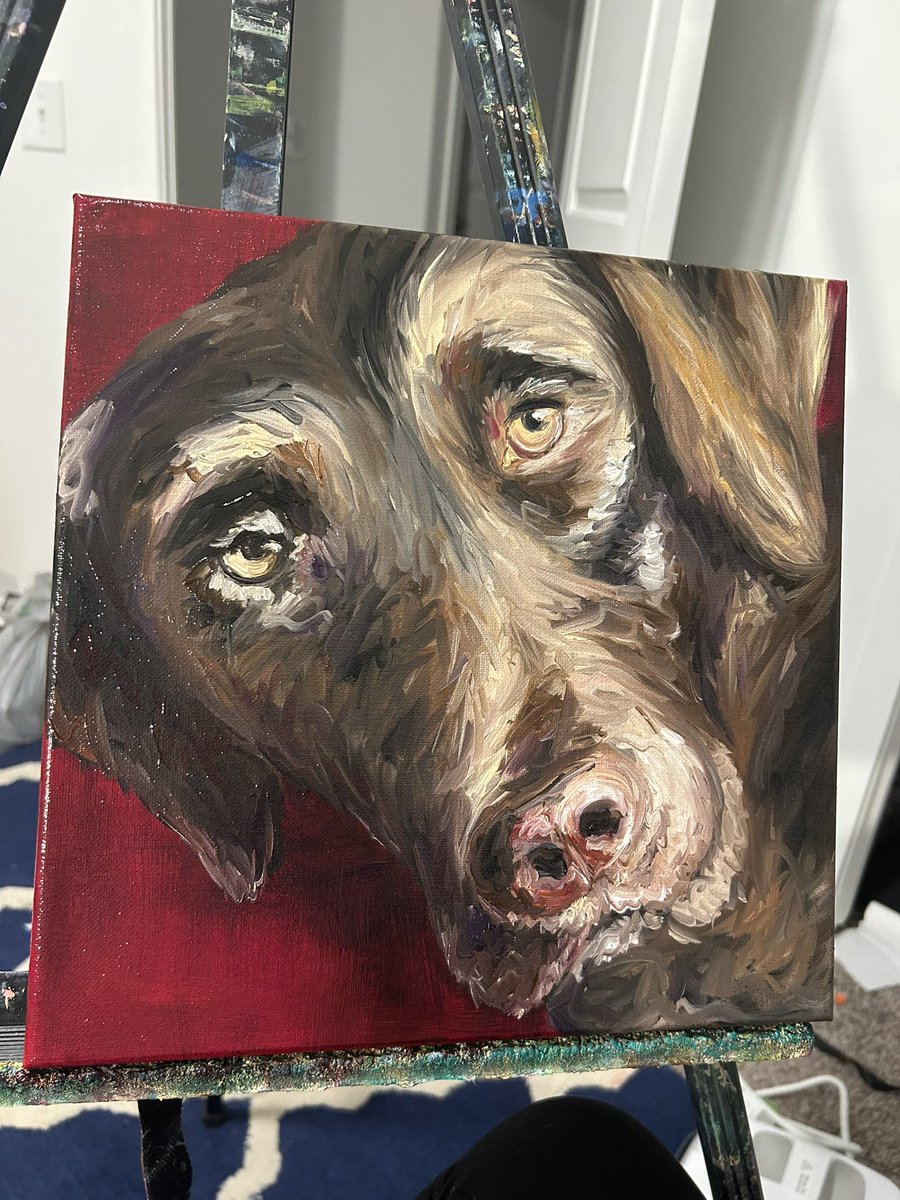 MsFernelius's tweet photo. Sometimes when you are in the middle of something you can’t picture the ending. But you just have to trust the process. Finally finished a Christmas present! #petportrait #mansbestfriend #artist https://t.co/fgPYz1LSmY