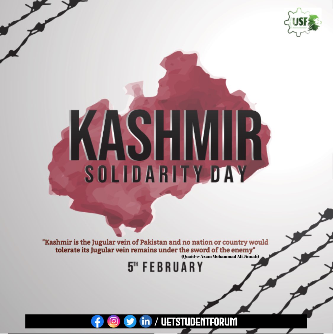 usfofficials's tweet photo. “Kashmir is the Jugular vein of Pakistan and no nation or country would 
tolerate its Jugular vein remains under the sword of the enemy"
(Quaid-e-Azam Mohammad Ali Jinnah)
#Solidarityday
#Pakistan #stands #kashmir #5thfeb #indiashameonyou #KashmirSolidarityDay #freedom 
#uet #usf https://t.co/HdZbs2LsYJ
