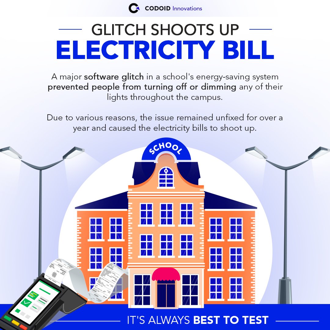 codoid's tweet image. Glitch Shoots Up Electricity Bill

A major software glitch in a school&apos;s energy-saving system prevented people from turning off or dimming any of their lights throughout the campus. 

It&apos;s Always Best to Test

#codoid #alwaysbesttotest #besttotest #softwareglitch #electricitybill