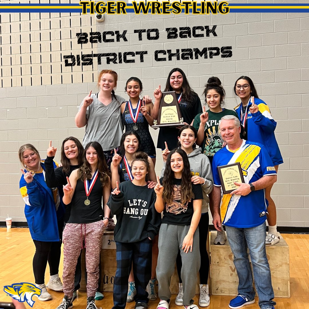 FrenshipW's tweet photo. GOING BACK TO BACK!!!! 
The girls took home the title of District Champs… again!! Our boys fought hard and ended the day in 4th! Out of the 25 wrestlers we took (girls and boys), we have 6 girls, 2 girl alternates, 5 boys, and 2 boy alternates going to REGIONALS next week!! https://t.co/kzGbDETHDA
