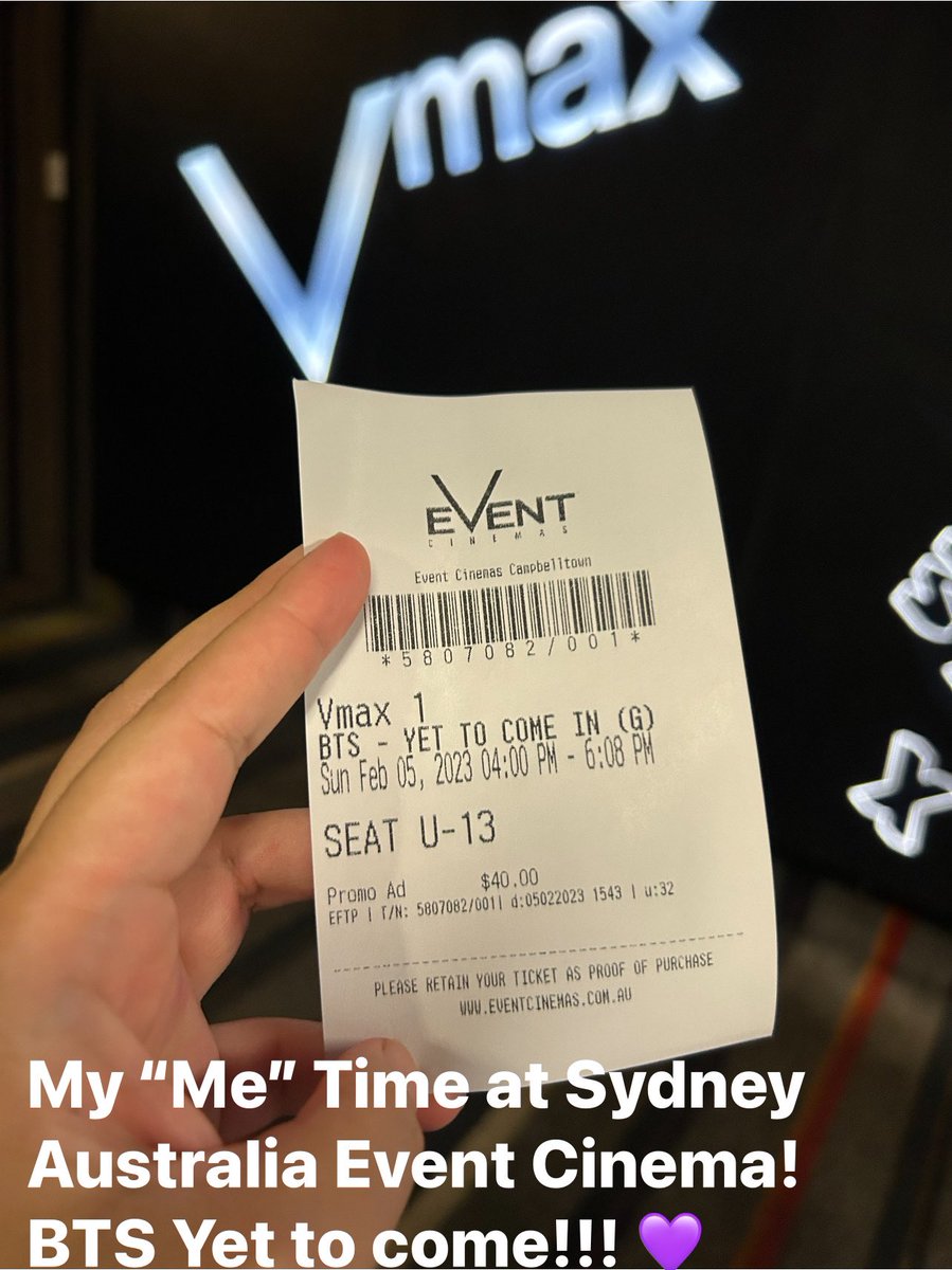 LovelyRamiscal's tweet photo. @bts_bighit It’s my “Me” Day today!  Event Cinema Sydney Australia! BTS Yet to come!💜 @bts_bighit @BTS_twt @BTSW_official https://t.co/SnHA4mcG4s