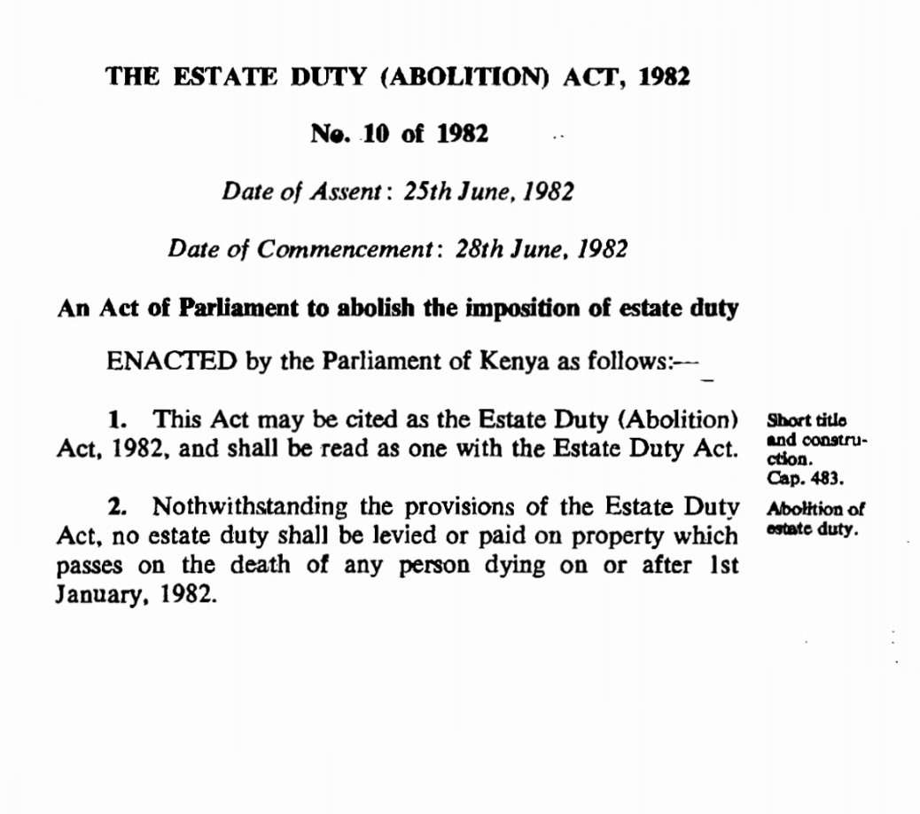 Elonz5l's tweet photo. Here is the evidence that no Kenyan pays Estate Duty. Last week's circus on Moi and Jomo was all hot air from @OleItumbi and @scherargei. If you are close to power, do some research. Read my article on the history of this law. https://t.co/YPF87hjRoL
