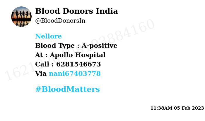 BloodDonorsIn's tweet photo. #Nellore
Need #Blood Type :  A-positive
Blood Component : Blood
Number of Units : 2
Primary Number : 6281546673
Secondary Number : 9676225471
Patient : Siddharth
Illness : Accident
Via: @nani67403778
#BloodMatters https://t.co/Bka7x4APQP