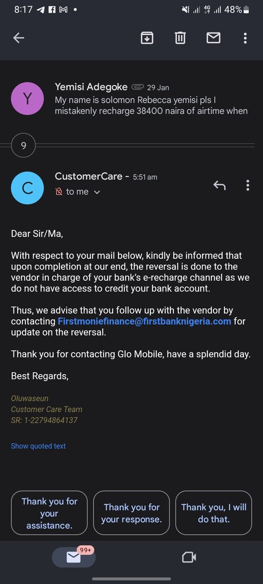 sholah009's tweet photo. @FirstBankngr pls for God sake why re u people not refunding my money for over a week now I recharge 38400 as airtime instead of sending it to someone meant for medication on my glo line through my first bank account and I contact glo immediately and they send a mail. https://t.co/UVD5t6tWbe