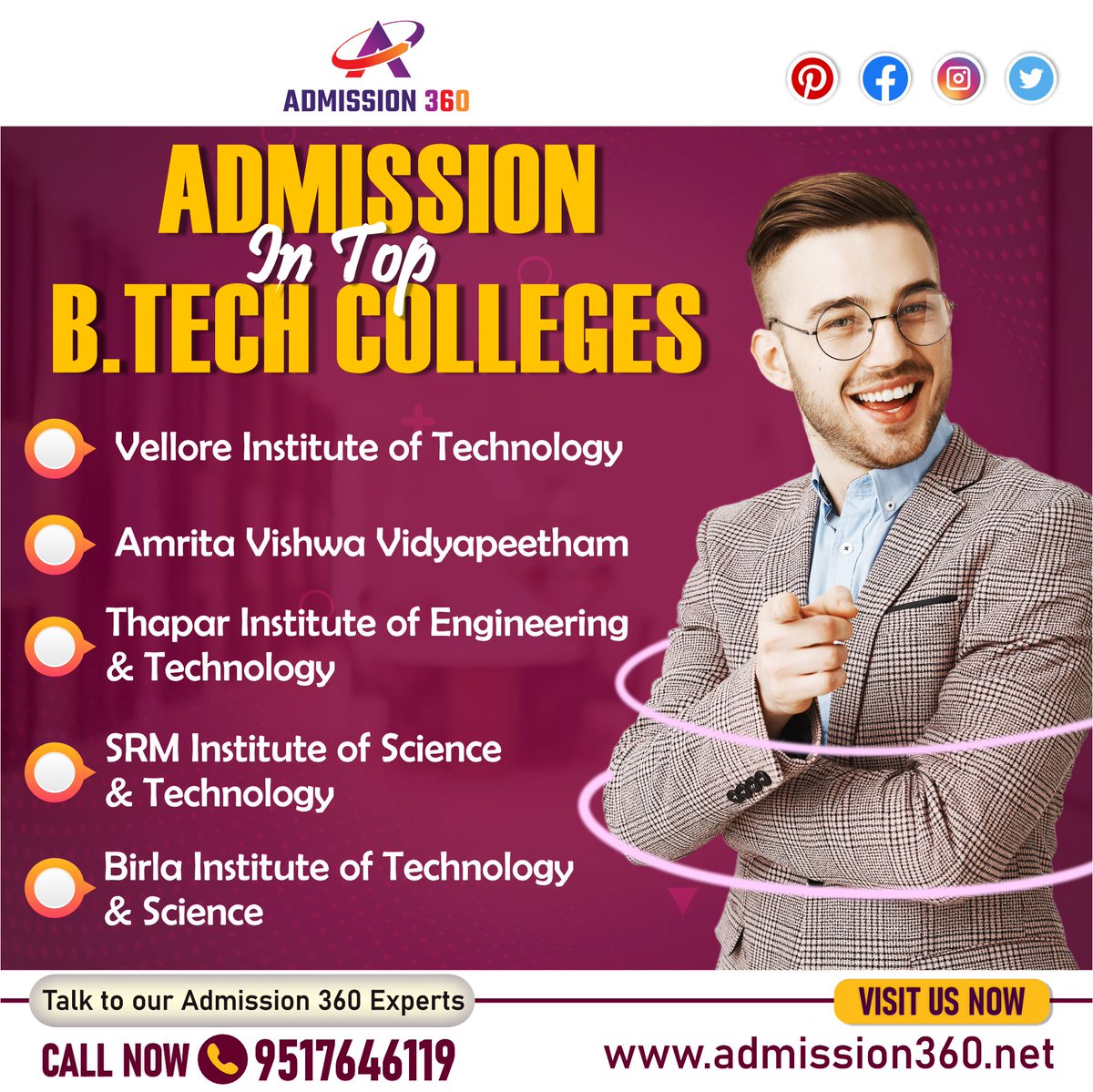 360_admission's tweet photo. Admission in top B. Tech Colleges 
1. Vellore Institute of Technology
2. Amrita Vishwa Vidyapeetham
3. Thapar Institute of Engineering &amp; Technology
4. SRM Institute of Science &amp;Technology
5. Birla Institute of Technology &amp; Science 
Call us : 95176 46119
👉 https://t.co/ckcghvswYG https://t.co/X4xdR6lfbX