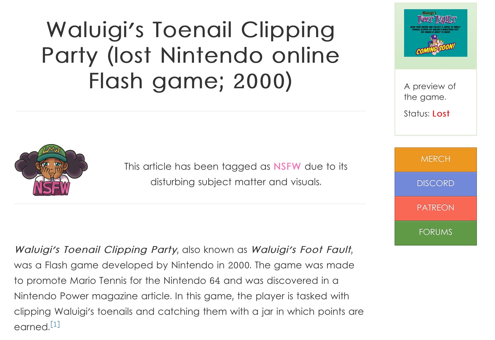 Waluigi's Toenail Clipping Party (lost Nintendo online Flash game