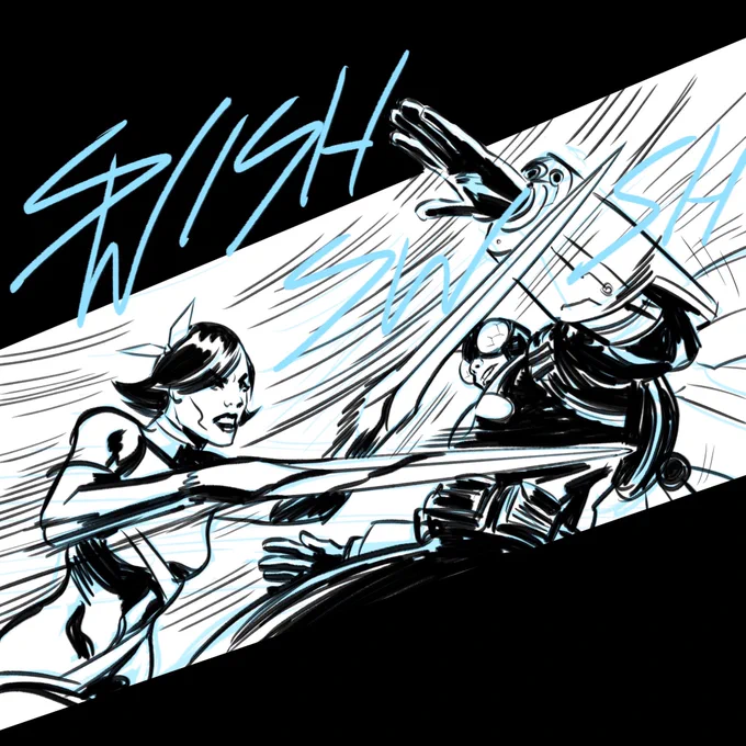 Panel redraw WIP for #WebtoonCanvas #CANVASWeek2023 I've only finished 6 episodes of SpandEx since starting in July, but I've already improved composing panels for the WebToon format. Used  to find a more dynamic angle and a quick sketch over in  