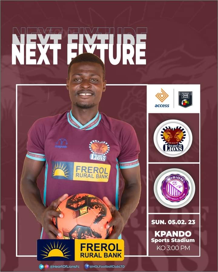 HeartOfLionsFc's tweet photo. πΌπ°π
π²π· π³π°π
π || Vision Fc
π || Division One League
π || Kpando Sports Stadium
π || #Kpando
β° || 3PM
ποΈ || Sunday 05 - 02 - 2023
#οΈβ£ || #LionsVision https://t.co/0GX5KWO4aB
