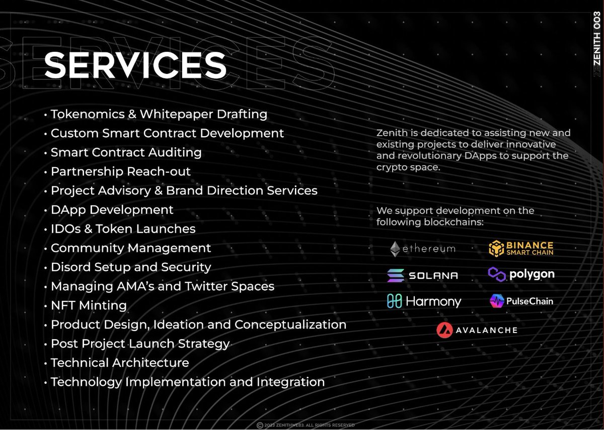 ZenithWeb3's tweet image. Zenith Services, 

We have a extensive range of products and services to offer and cater to your needs.

Feel free to book a call with our support team by dropping us a message and they will answer all of your questions.