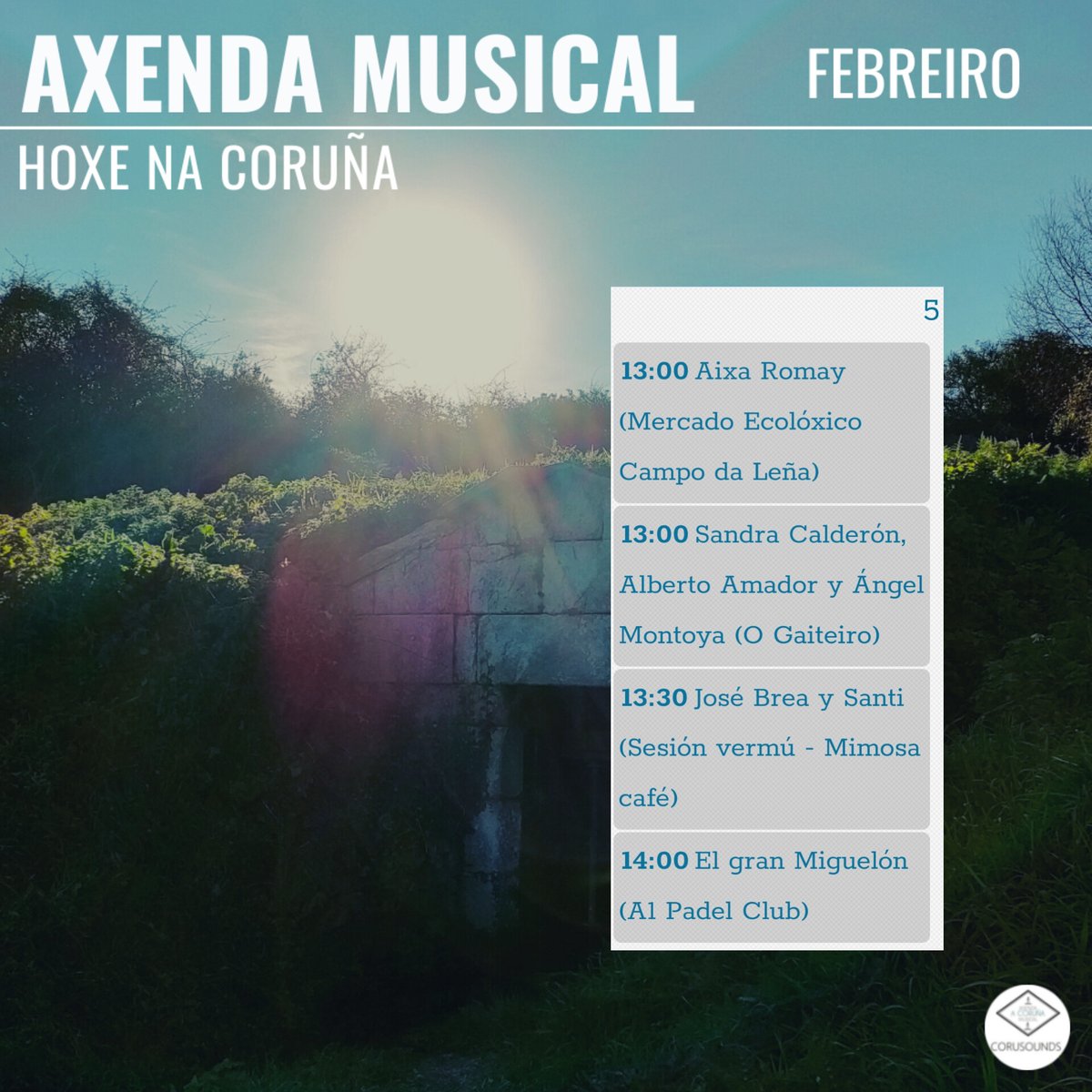 Hoxe na Coruña... 
.
.
.
Podes ver todos os concertos programados este ano en: corusounds.emiweb.es/agenda
#ACoruña #Coruña #AxendaMusical #AgendaMusical #Musica #Concertos #Concertos #Cultura #culturaparatodos #CulturaSegura
