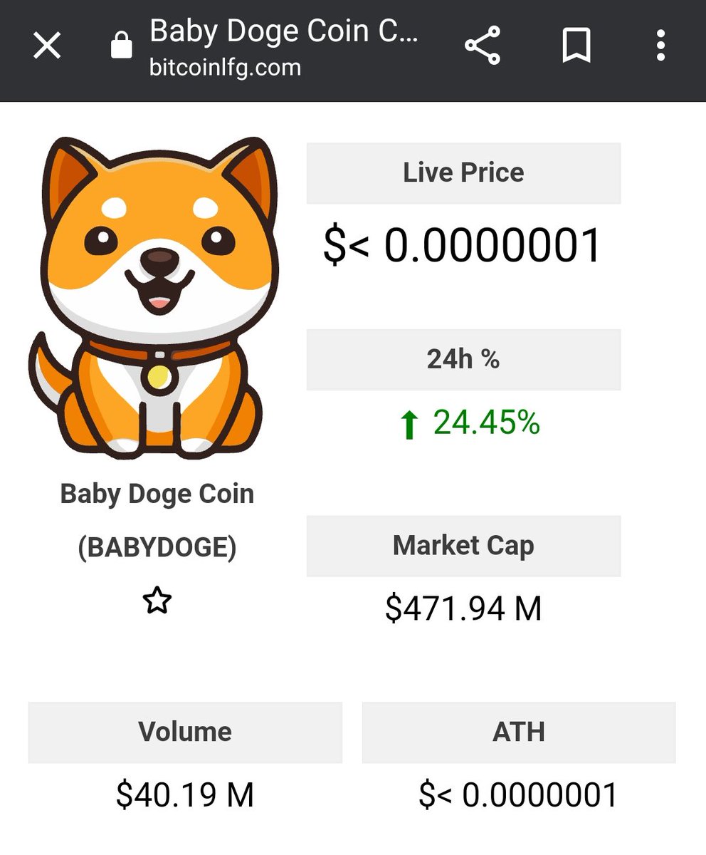 JUST IN: #BabyDoge has entered into the top 100 cryptocurrencies in the world now #99 on BitcoinLFG.Com first page!

To celebrate we will give 1 lucky winner $500 who:
1. Retweets this tweet
2. Follows <a href="/bitcoinlfgo/">BITCOINLFG®</a>
3. Comments #BabyDogeSwap below 👇
