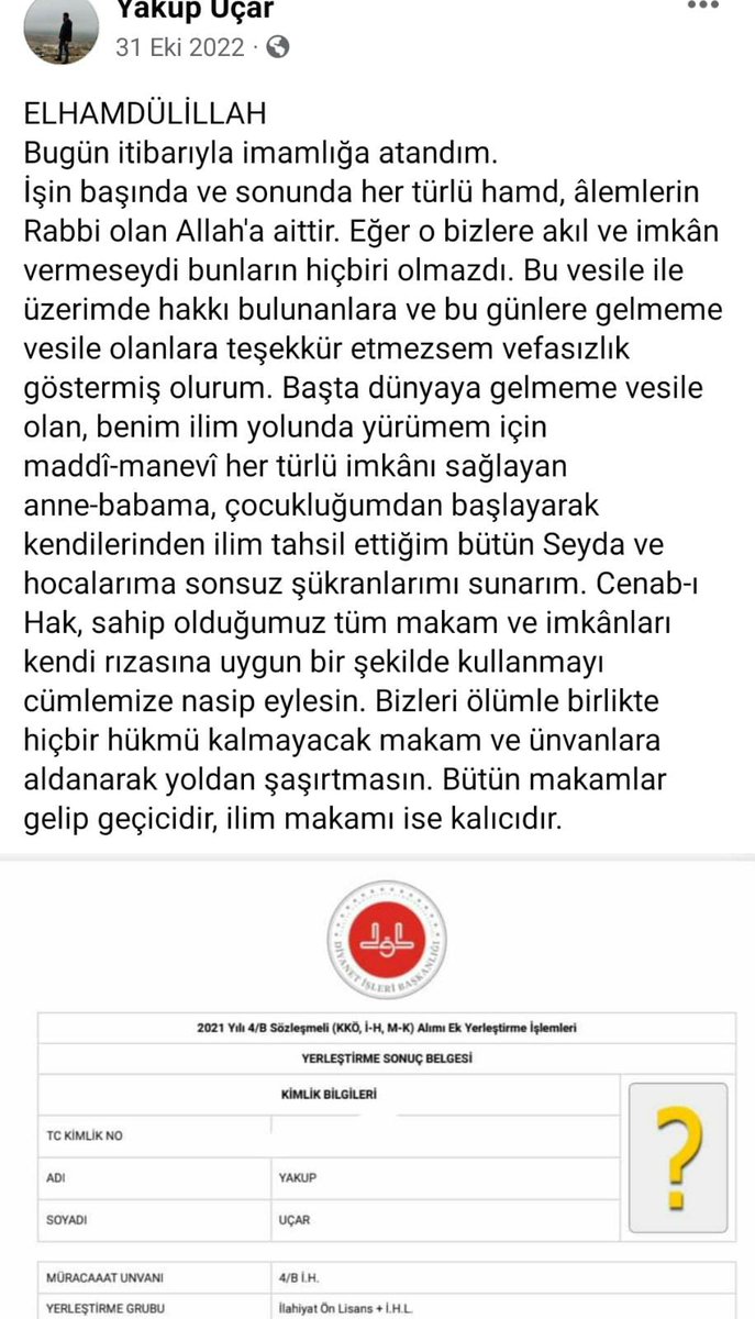 Hizmet içi eğitimi için mardinden Denizli'ye giden arkadaşımız Yakup uçar Afyon'da otobüs kazasında hayatını kaybetmiştir, oysa ki atandığı için çok mutlu olmuştu, Allah rahmet eylesin mekanı cennet 😰😥
<a href="/DIBAliErbas/">Prof. Dr. Ali Erbaş</a>