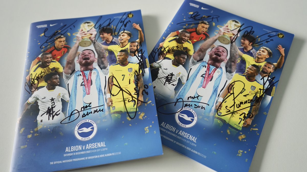BHAFCFoundation's tweet image. 🔵 Signed programme giveaway! 🔵

We're giving away two World Cup-themed programmes signed by the Albion stars who lit up Qatar. 🏆

To enter, just follow us at @albioninthecomm and retweet this post.

Entry closes at 3pm on Saturday February 11th. Good luck!

#BHAFC 🔵⚪