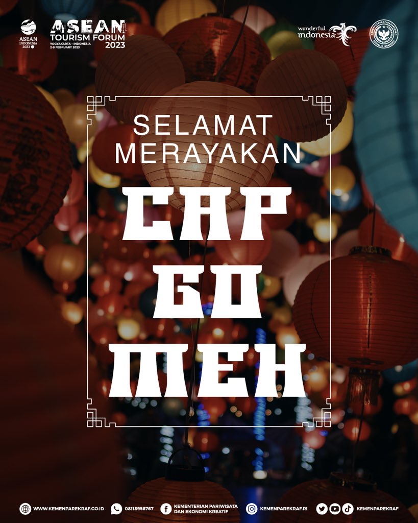 KemenPariwisata's tweet photo. Sob, selamat merayakan Cap Go Meh ๐ฎ
Cap Go Meh merupakan puncak sekaligus penutup dari rangkaian tahun baru Imlek ๐งง
Yuk bersama kita lestarikan kebudayaan Indonesia yang beragam guna pesona parekraf Indonesia ๐๐ป๐
#CapGoMeh2023
#PesonaIndonesia
#WonderfulIndonesia https://t.co/tej7NEwUmY