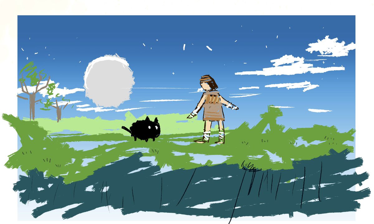 sky 1girl grass outdoors cat cloud tree  illustration images