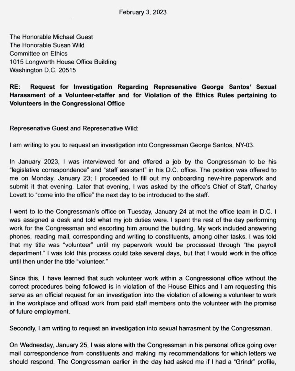 RonFilipkowski's tweet photo. Staffer for George Santos files an ethic complain against him alleging Santos sexually harassed and inappropriately touched him on his 2nd day of work last week. https://t.co/PMgLXioRnB