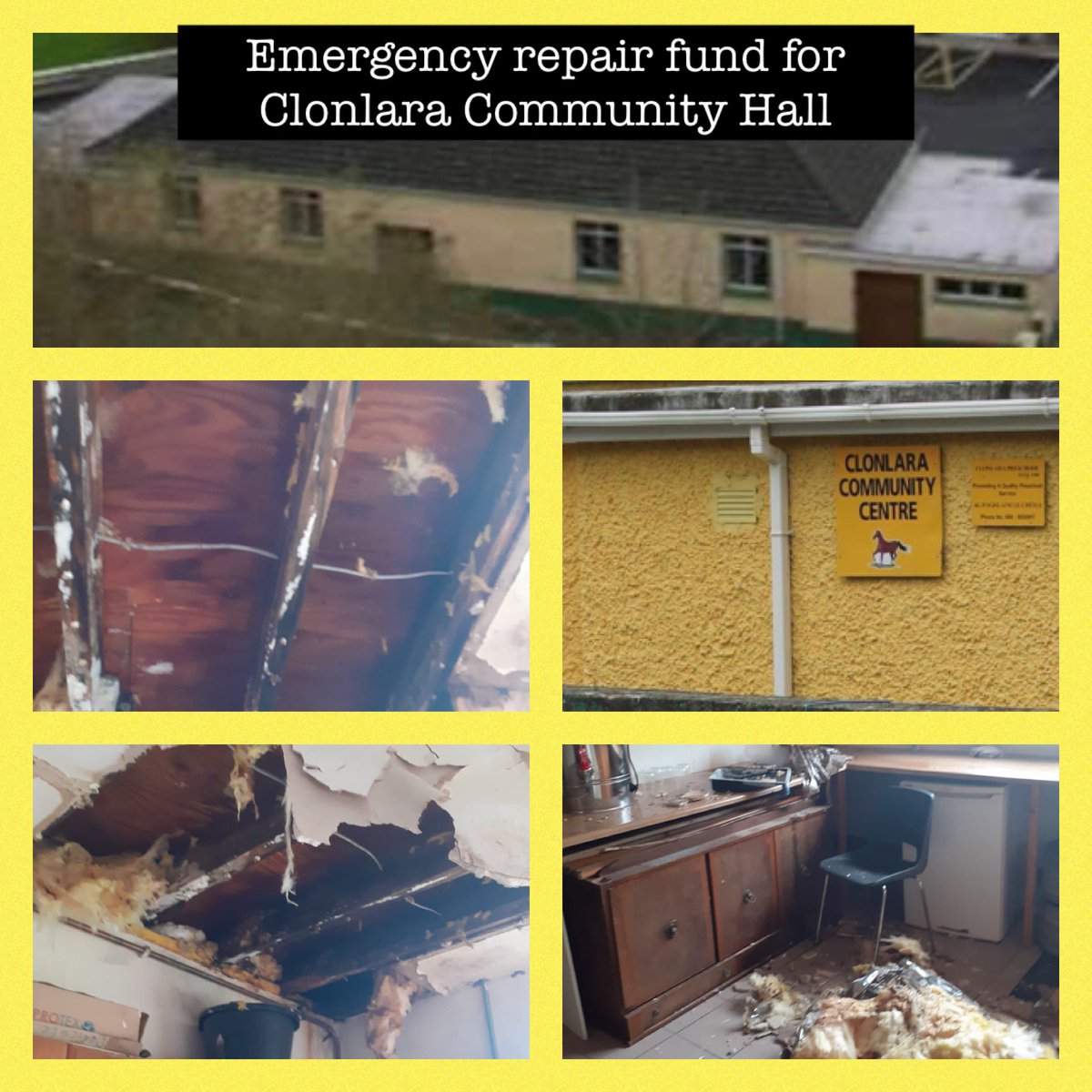 clonlaragaaclub's tweet photo. REQUEST FOR DONATIONS: The ceiling has partially collapsed at the small hall in #Clonlara &amp; the volunteers managing the building have started a GoFundMe to do the necessary repairs. If you can make a contribution, please do ⬇️
https://t.co/qIXvIPye25
@OfficialTruagh @ClonlaraNS https://t.co/RKttvn2SWl