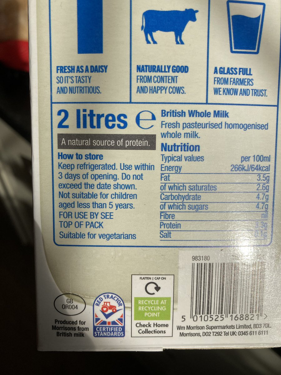kat_j2010's tweet photo. @MorrisonsNews @Morrisons hi, any reason why your cartons of whole milk are not suitable for the under 5’s compared to the plastic bottles? Thanks https://t.co/uTqJ34bObZ