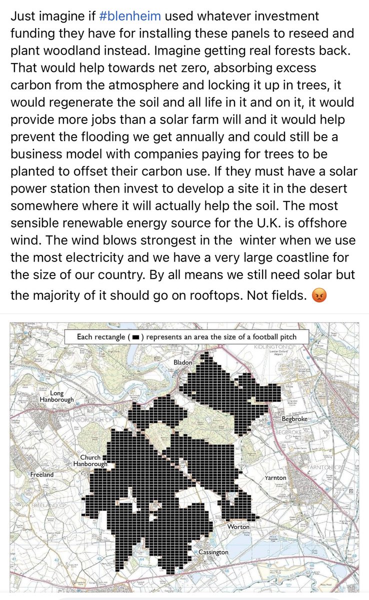 Just imagine if the black rectangles (each one the size of a football pitch) were new forest, instead of solar panels. Just imagine the opportunities if #blenheimpalace truly cared about the planet. #solaronroofs #stopbotleywest Words below by Cate Sirkett