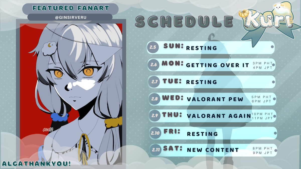 Kuri_Vtuber's tweet photo. 🐑🤍Weekly Stweam Schedule Eberywan!!🤍🐑

˚✦General: #Kuri_Desh
˚✦LIVE:#KurRaibu
˚✦CLIPS: #CuRIPs
˚✦MUSIC: #Kurinouta
See ya~ nyehe<3

FEATURED FANART: @GinSirveru https://t.co/SG0s2Mpgpx