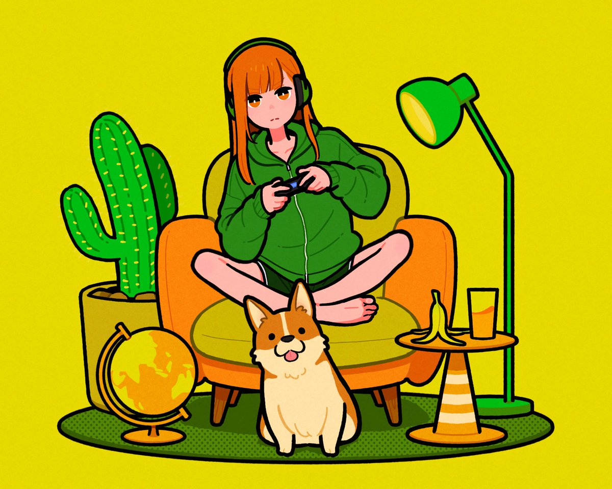 1girl headphones orange hair sitting chair plant barefoot  illustration images