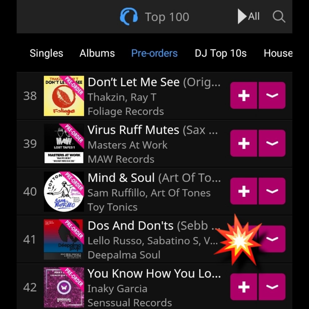 New Music Out @traxsource
Just entered #Top50 Pre-Order Charts 🔥 
'Do's & Don'ts '  @sebbjunior Remix 
By @LelloRusso @VenessaJackson7 

#deephousemusiclovers #DeepHouseJunkies #deephousevibes #deephouse #conciousmusic 

traxsource.com/title/1954471/…