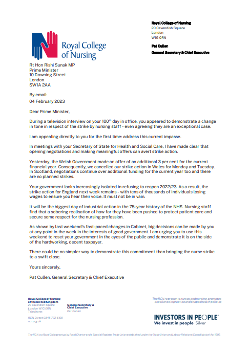 The RCN (@thercn) on Twitter photo "Reset your government… demonstrate it is on the side of the hardworking, decent taxpayer. There could be no simpler way…than by bringing the nurse strike to a swift close”.
<a href="/patcullen9/">Pat Cullen MP</a> makes direct appeal to the Prime Minister for decisive action on pay.
Full letter ⬇️ "Reset your government… demonstrate it is on the side of the hardworking, decent taxpayer. There could be no simpler way…than by bringing the nurse strike to a swift close”.
<a href="/patcullen9/">Pat Cullen MP</a> makes direct appeal to the Prime Minister for decisive action on pay.
Full letter ⬇️