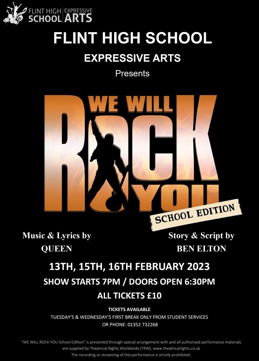 FHSEXPRESSIVE's tweet photo. One week tomorrow is opening night! Make sure you get your tickets!! ✨️🎭🎶 #Flintwillrockyou @flinthigh #learningtoexcel https://t.co/WnlaJeskiY