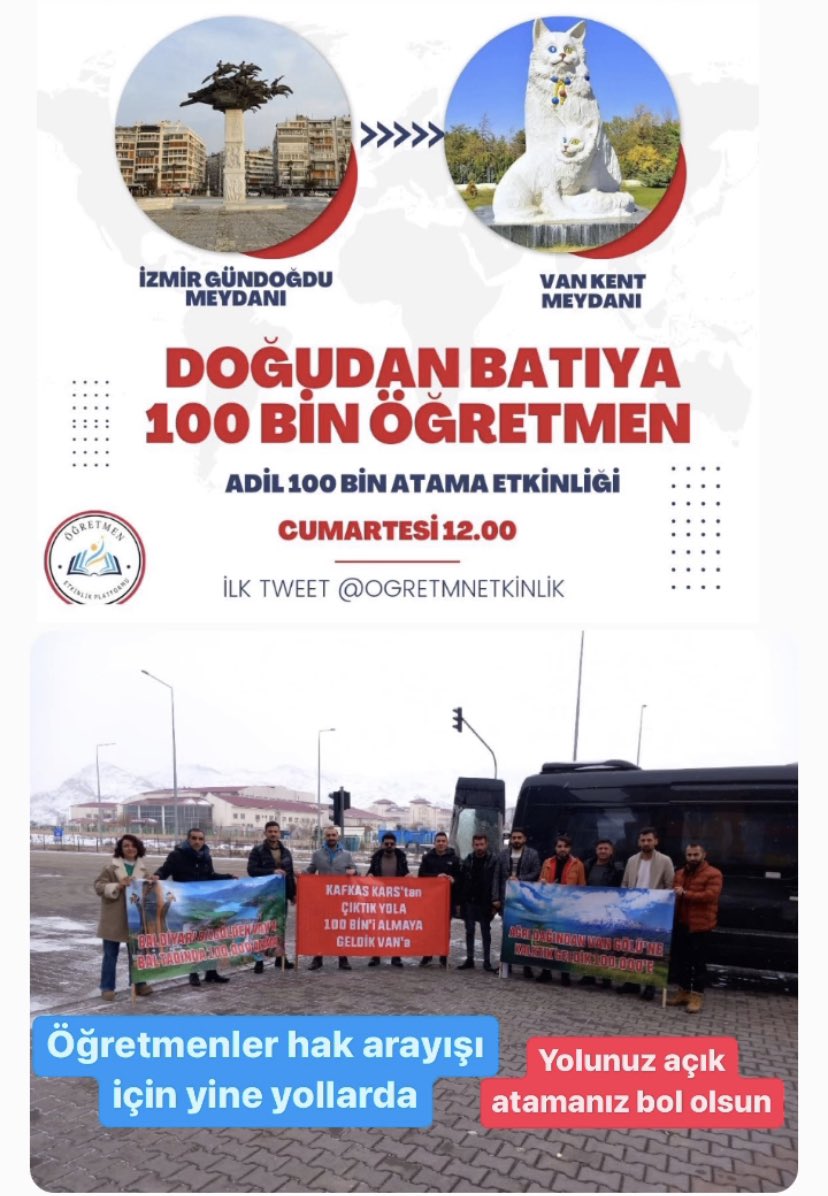 Cüneyt İltuş (@cuneytiltus) on Twitter photo Ataması yapılmayan öğretmenler bugün yeniden meydanlarda. Adaletli bir kontenjan dağılımıyla 100 bin atama için mücadele eden genç öğretmenlerin sesini kim duyacak?
<a href="/RTErdogan/">Recep Tayyip Erdoğan</a>
<a href="/kilicdarogluk/">Kemal Kılıçdaroğlu</a>
<a href="/meral_aksener/">Meral Akşener</a>
<a href="/alibabacan/">Ali Babacan</a>
<a href="/Ahmet_Davutoglu/">Ahmet Davutoğlu</a>
<a href="/T_Karamollaoglu/">Temel Karamollaoğlu</a>
#DoğudanBatıya100BinAtama Ataması yapılmayan öğretmenler bugün yeniden meydanlarda. Adaletli bir kontenjan dağılımıyla 100 bin atama için mücadele eden genç öğretmenlerin sesini kim duyacak?
<a href="/RTErdogan/">Recep Tayyip Erdoğan</a>
<a href="/kilicdarogluk/">Kemal Kılıçdaroğlu</a>
<a href="/meral_aksener/">Meral Akşener</a>
<a href="/alibabacan/">Ali Babacan</a>
<a href="/Ahmet_Davutoglu/">Ahmet Davutoğlu</a>
<a href="/T_Karamollaoglu/">Temel Karamollaoğlu</a>
#DoğudanBatıya100BinAtama