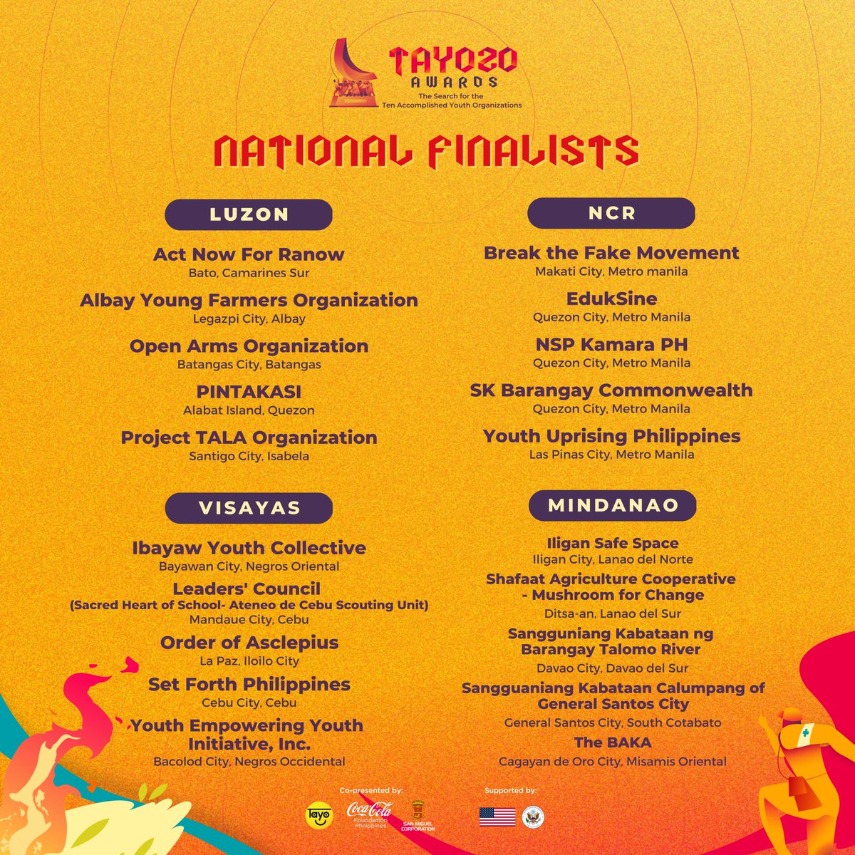 TAYOawards's tweet photo. ISANG MALAKING PAGBATI SA ATING TAYO 20 NATIONAL FINALISTS 🎉
From the 491 entries, 67 Validation Interview Qualifiers, and 41 Experts Screening Qualifiers, we proudly present the 20 National Finalists who will be joining us for TAYO Week next month. https://t.co/VdLhY46lhI