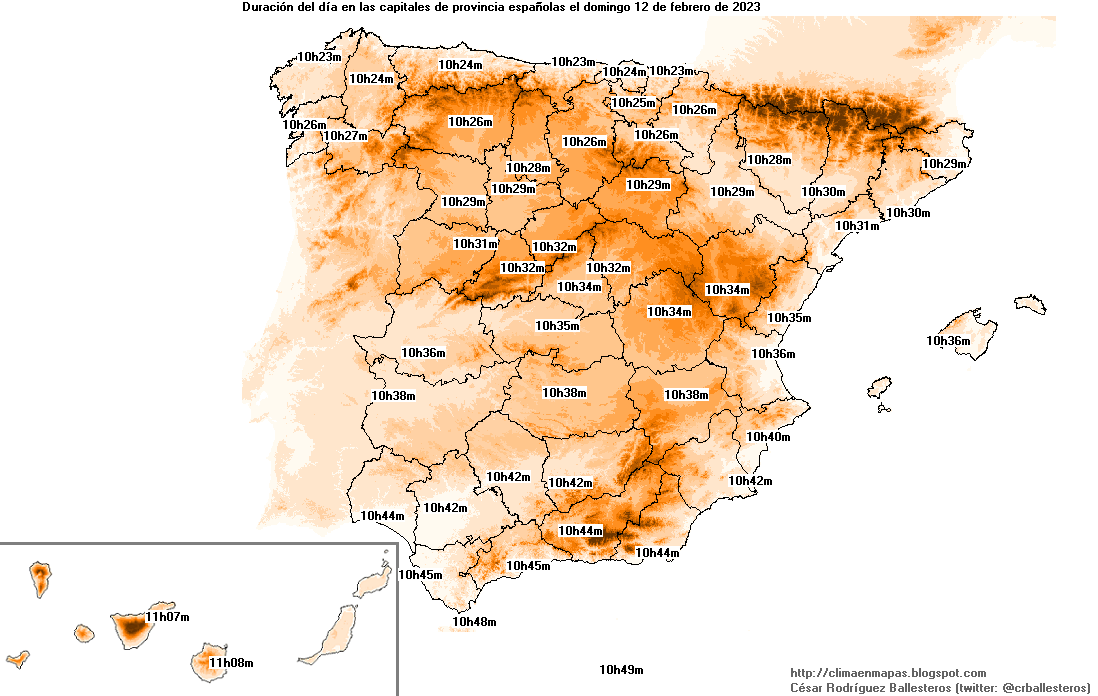 crballesteros's tweet photo. #ClimaEnMapas. Actualizados los mapas semanales de #ortos, #ocasos y #duracióndeldía. Semana mostrada: 5 a 12 de febrero.
https://t.co/KP1xhzCJT2 https://t.co/L80HvE8Frz