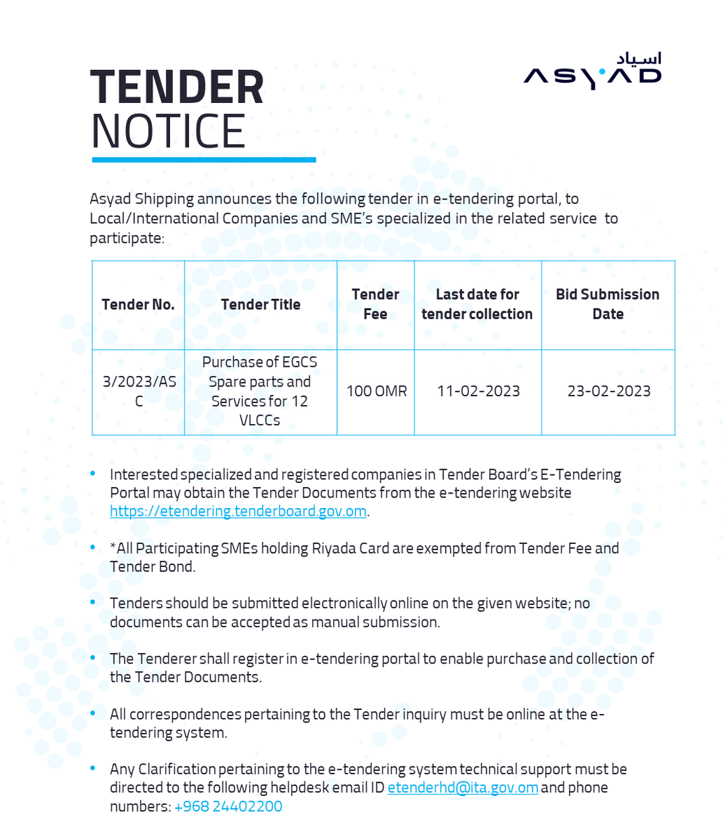 AsyadGroupOman's tweet photo. #AsyadShipping announces the following tender in e-tendering portal, to Local/International Companies and SME’s specialized in the related service to participate.
#ASYADGroupTenders https://t.co/K4cWjLRbmZ