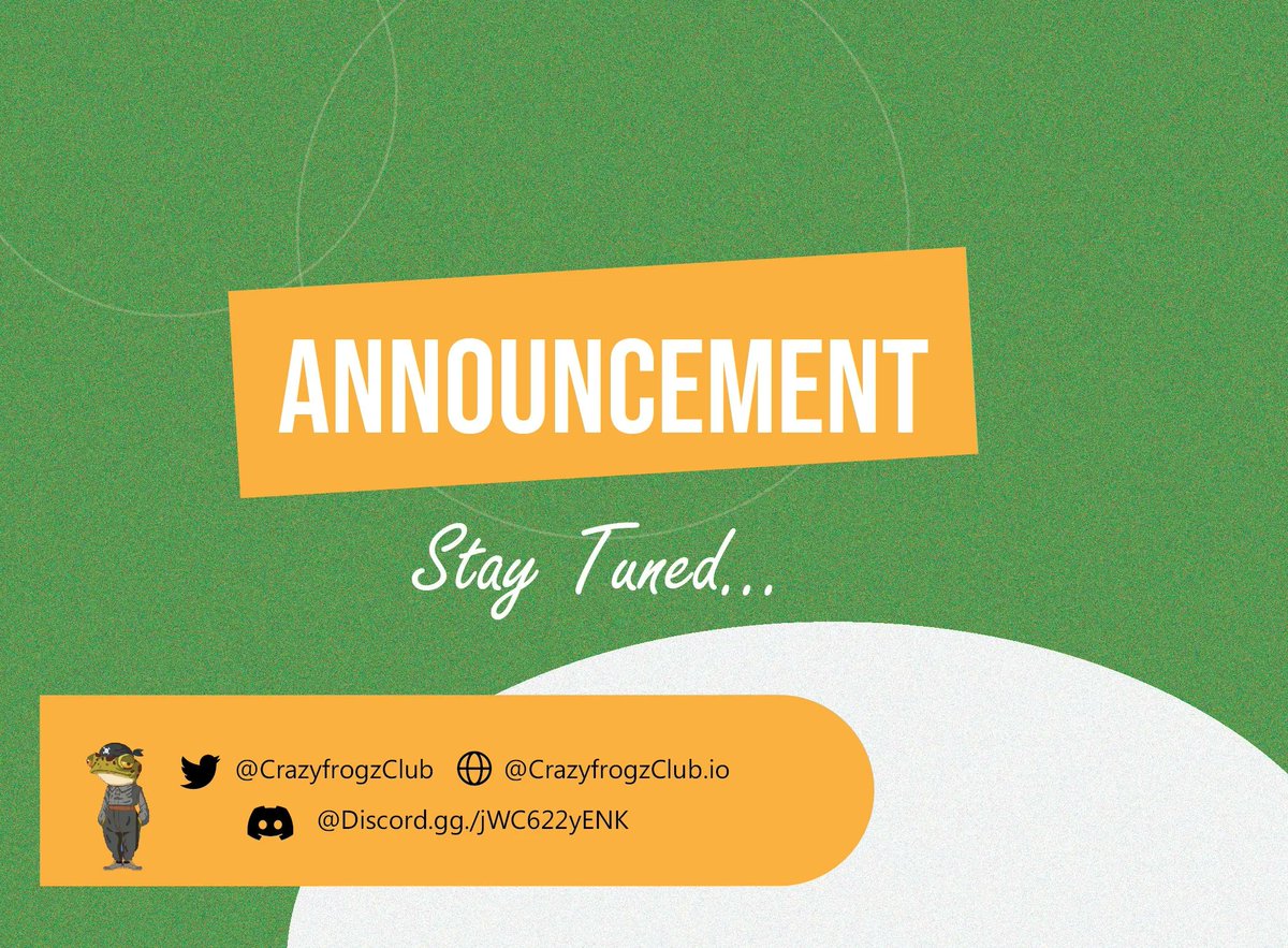 CrazyFrogzClub's tweet photo. Gm Frogz! 🐸
In the new week, expect activities from CFC, as series of  announcements will be made soon.

Stay Tuned Frogz
Big announcements coming soon👀

#ETH #NFT #NFTCommunity https://t.co/39kPTKBJYY