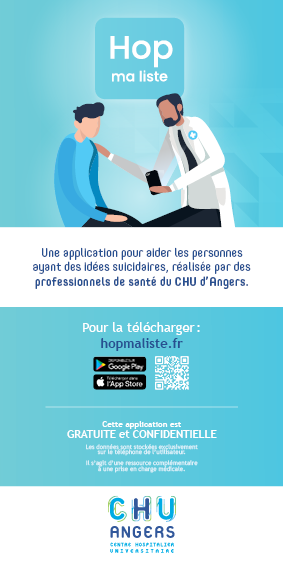 chu_angers's tweet photo. A l'occasion de la journée nationale de #prévention du #suicide, le CHU d'Angers vous présente Hop ma liste :

📱 une appli mobile, gratuite pour aider les personnes ayant des idées suicidaires, en complément d'une prise en charge médicale.

⏭ https://t.co/R5nnzmwxv9

#JIPS2023 https://t.co/G1dtu34SSC