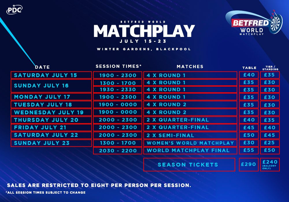PDC Darts on Twitter "Tickets for the 2023 Betfred World Matchplay will initially go on sale