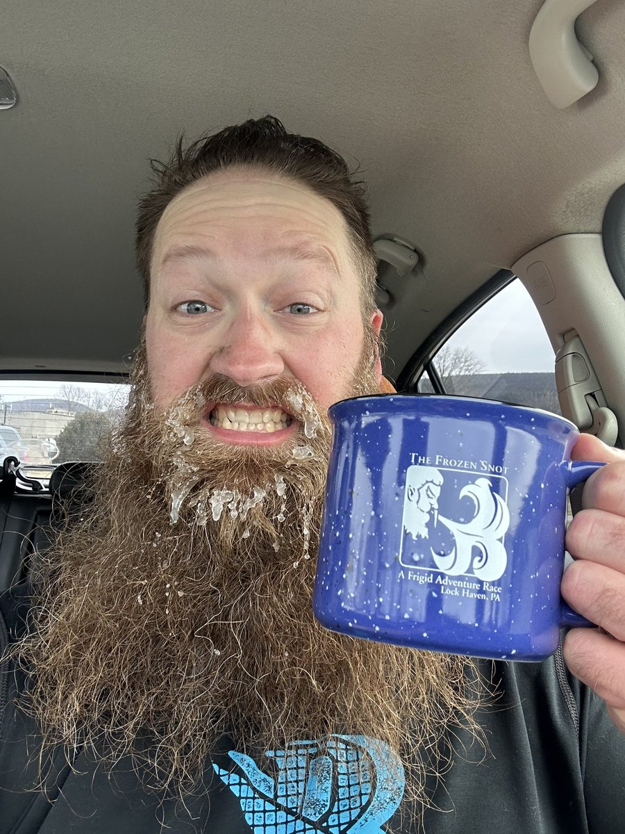 runningwithken's tweet photo. Chilly out there.

Post race vibes, wondering how thrashed my legs are going to be after 4,255 +/- elevation gain. 

#rocksylvania #thefrozensnot #frozenbeard #lockhaven https://t.co/h4D7Xrjrws