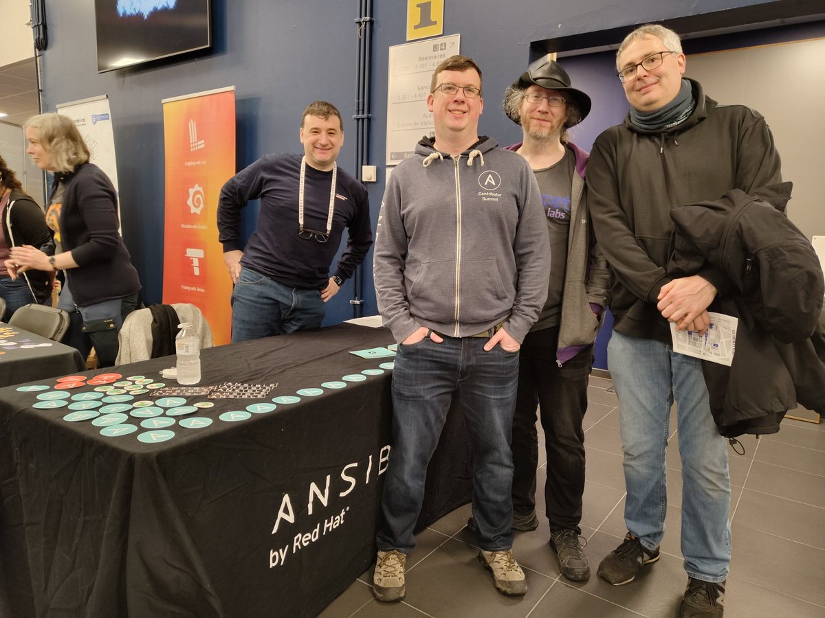 cybette's tweet photo. We'll be here until around 4pm today, building K at #FOSDEM. Come by, grab some stickers (while they last) and chat with these cool Ansiblers!

#Ansible #community #opensource https://t.co/9tgdw42wTQ