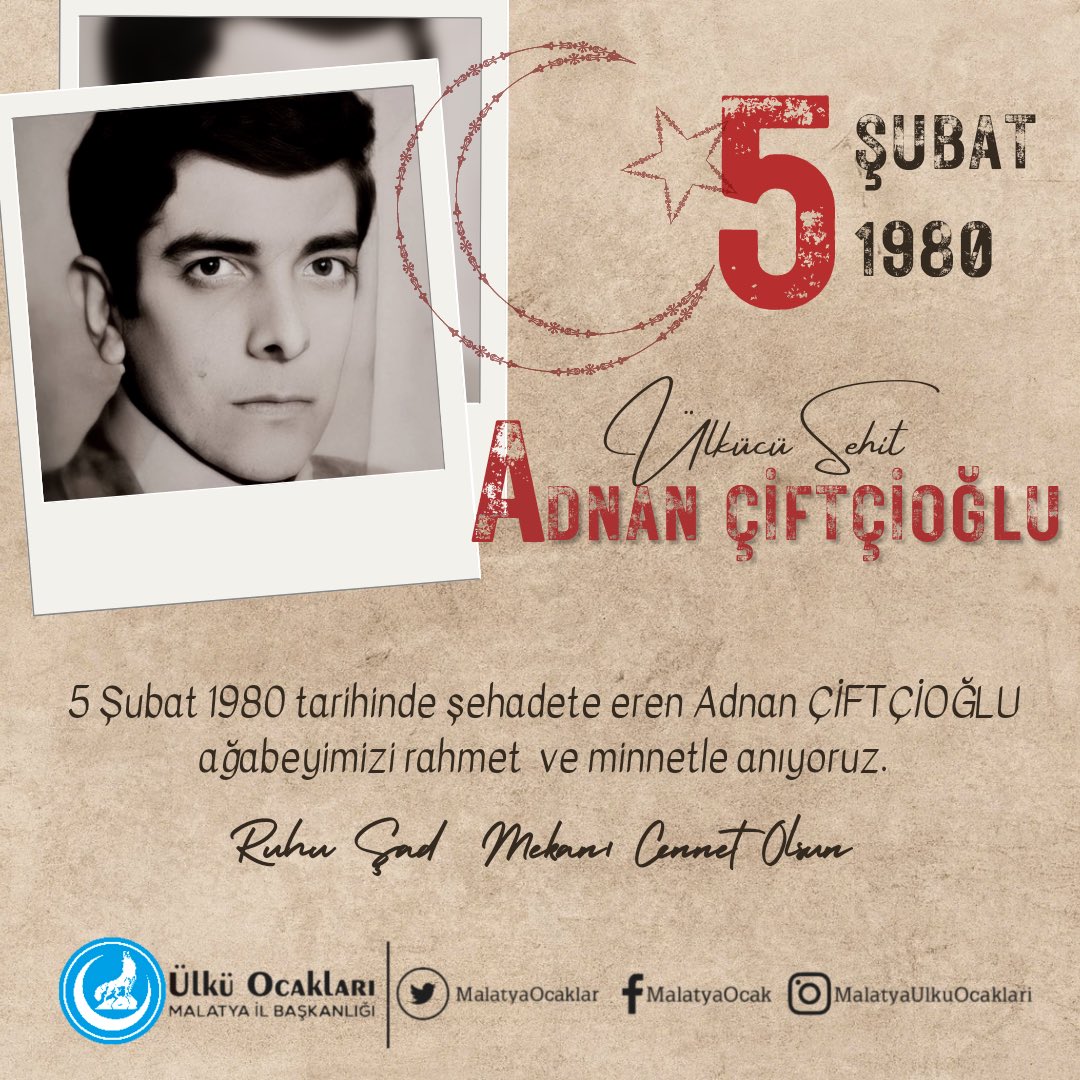 turgaysengonul's tweet photo. Mhp Doğanşehir ilçe muhasibi iken 5 Şubat 1980 tarihinde kanı bozuk hainler tarafından şehit edilen Ülkücü Şehidimiz Adnan Çiftçioğlu ağabeyimizi rahmet, minnet ve saygıyla anıyoruz. Yolu Yolumuzdur. Unutanın, unutturanın kanı kurusun 🇹🇷🇹🇷🇹🇷 https://t.co/IKO5mOOmx1