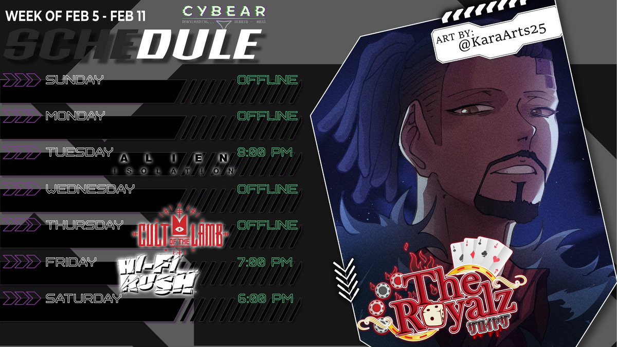 CybearVT's tweet photo. Here is our line up for the week! We will be continuing with Alien Isolation, which is gonna suck! We will also be creating our very own cult! Applications will be opening immediately! 

#TheRoyalzVT #Cybear https://t.co/RFnuq39QeG