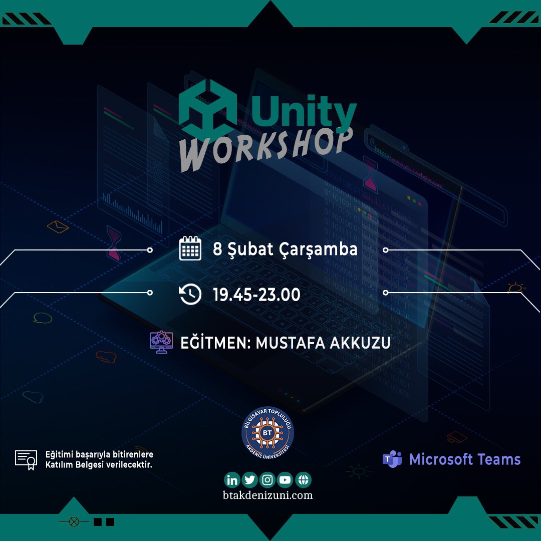 Akdeniz Üniversitesi Bilgisayar Topluluğu olarak eğitimlerimize hız kesmeden devam ediyoruz.
Mustafa Akkuzu'nun eğitmenliğini yapacağı 'Unity' workshop'una herkesi bekliyoruz.
Katılım formuna bio’dan ulaşabilirsiniz. #bilgisayartoplulugu #unity #workshop #yazilim #oyungelistirme