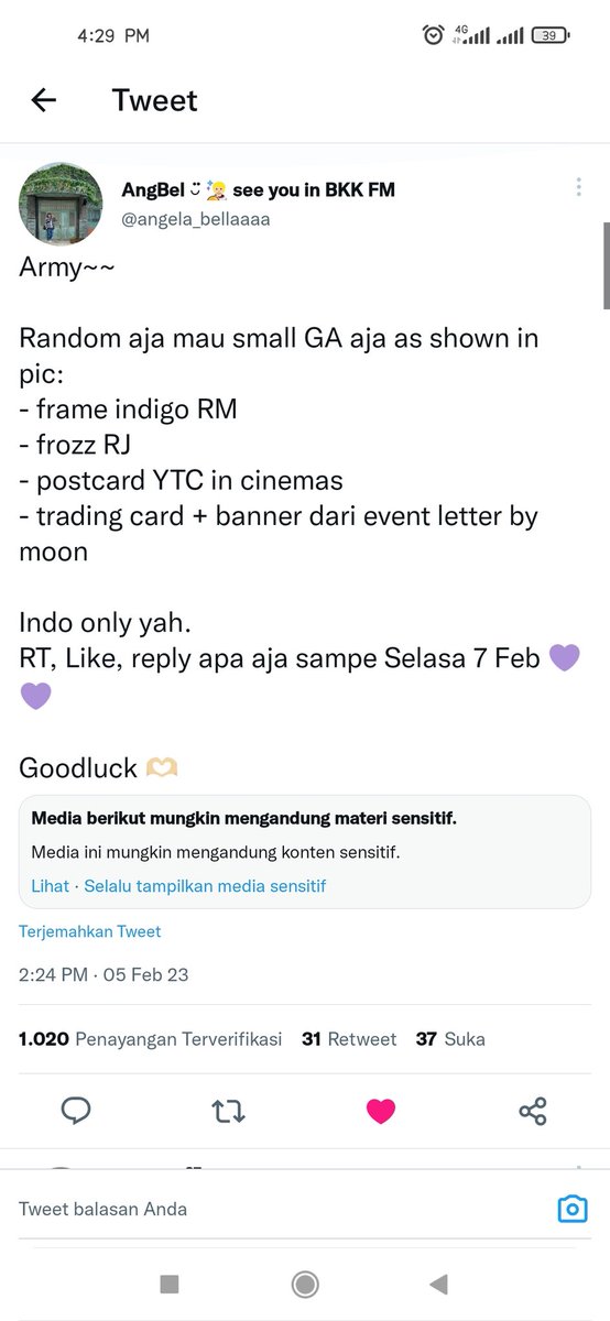 ekywardani's tweet photo. @angela_bellaaaa Haloo kak army baru nih semoga beruntung ya aku nya terimakasih💜💜💜Borahae https://t.co/GF0UlxaI2y