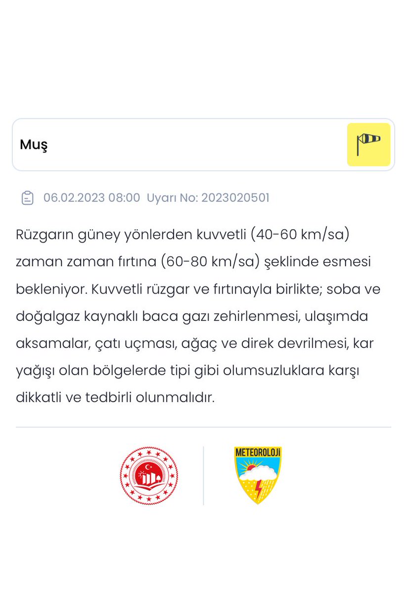 MeteorolojiMus's tweet photo. 💨 İlimizde rüzgarın 06.02.2023 Pazartesi günü sabah saatlerinden itibaren güney yönlerden kuvvetli (40-60 km/sa) zaman zaman fırtına (60-80 km/sa) şeklinde esmesi bekleniyor.
⚠️ Kuvvetli rüzgar ve fırtınaya bağlı oluşabilecek olumsuzluklara karşı dikkatli ve tedbirli olunmalıdır https://t.co/ZZTMF9gxIl