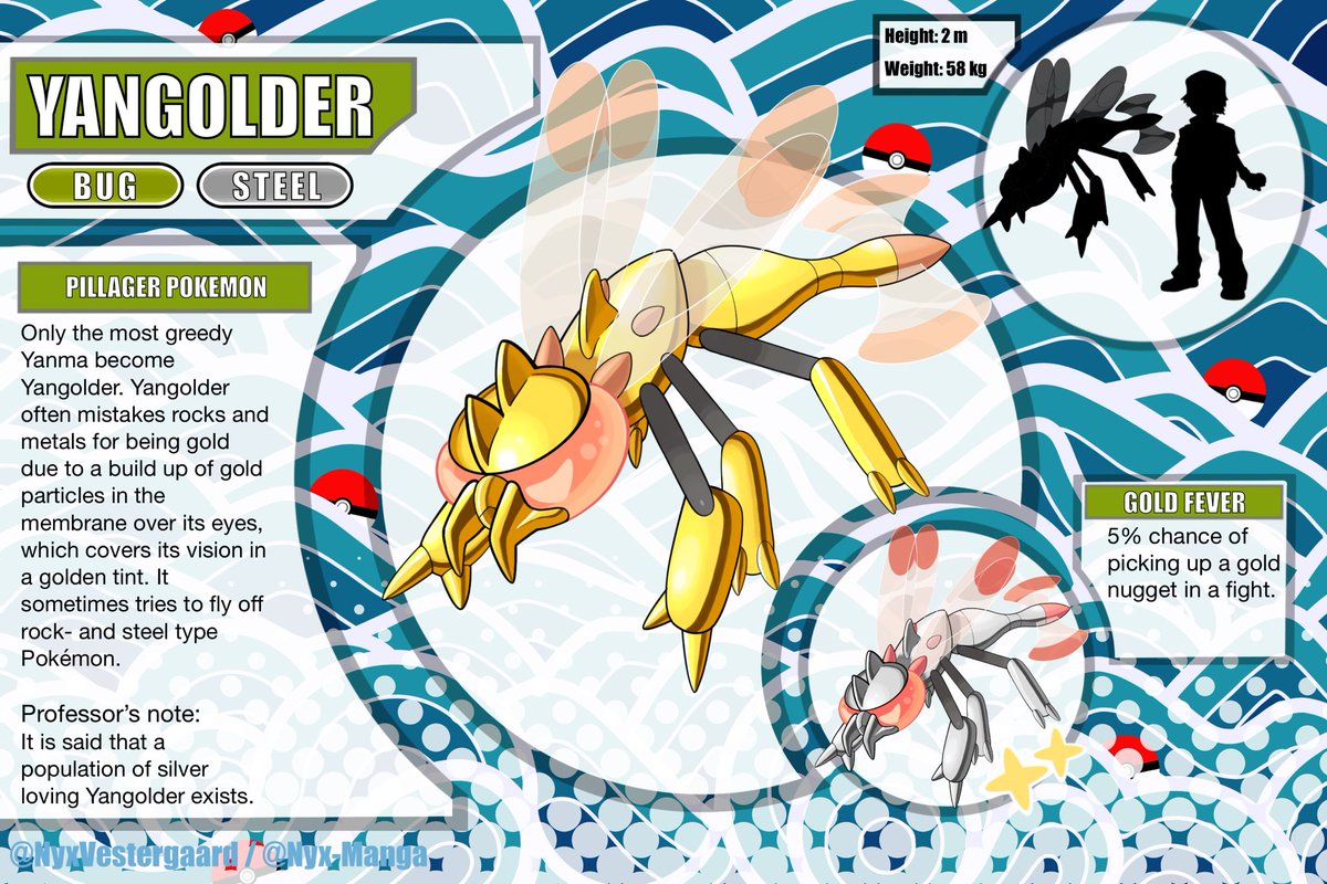 NyxVestergaard's tweet photo. #pokemon #fakemon #fakemonart #fakemonartist #pokemonart #myart #myartwork #pokemonfan #pokemonfanart
A Yanma variant for a Denmark based region. In danish the word for dragonfly is guldsmede. It sounds similar to the word guldsmed, meaning a jewelry maker with expertise in gold. https://t.co/yVhJ24L3vG