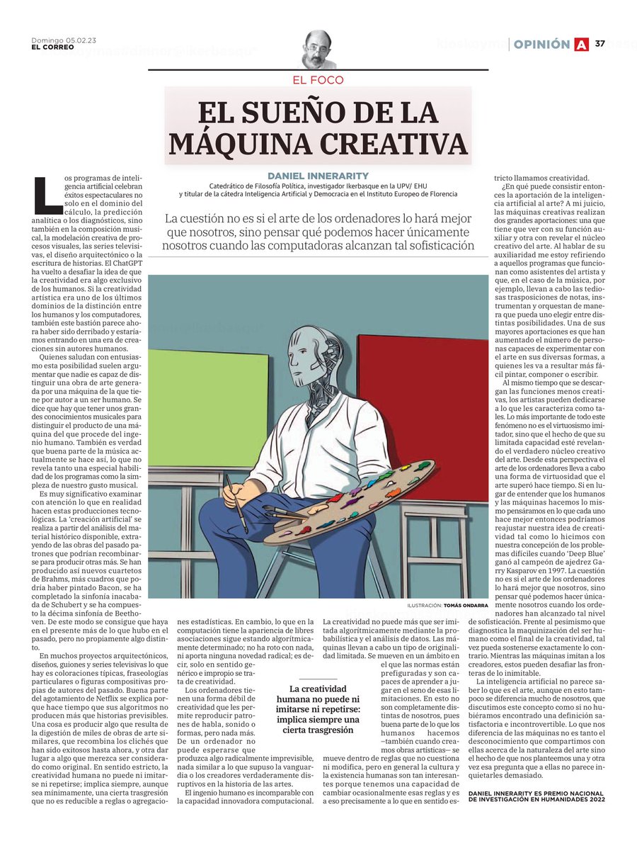 Hoy cuento por qué no hay que tenerle miedo al ChatGPT ni al arte generado por Inteligencia Artificial en <a href="/elcorreo_com/">El Correo</a> y <a href="/diariovasco/">El Diario Vasco</a>